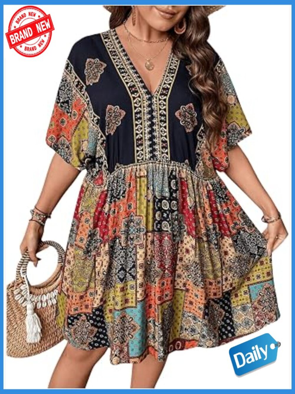 Plus Size Boho Flowy Sundress V Neck Short Dress